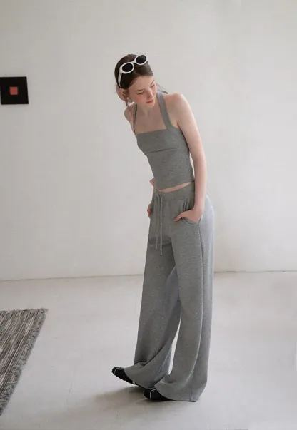 Cropped Halter Neck Tank Top and Drawstring Wide Leg Pants