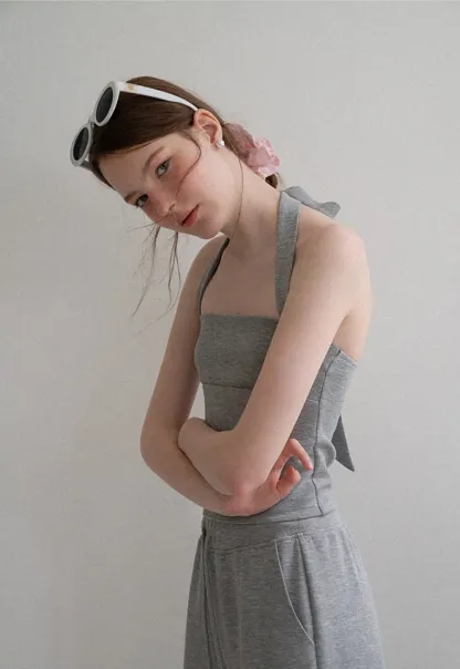 Cropped Halter Neck Tank Top and Drawstring Wide Leg Pants