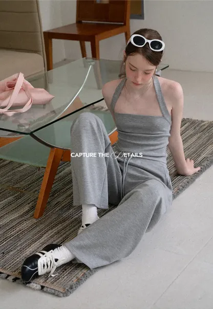 Cropped Halter Neck Tank Top and Drawstring Wide Leg Pants