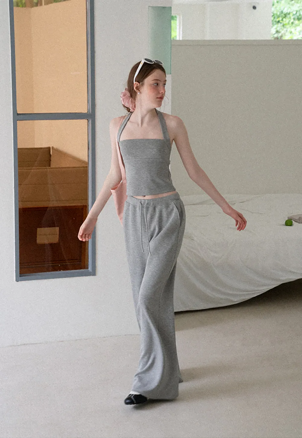 Cropped Halter Neck Tank Top and Drawstring Wide Leg Pants