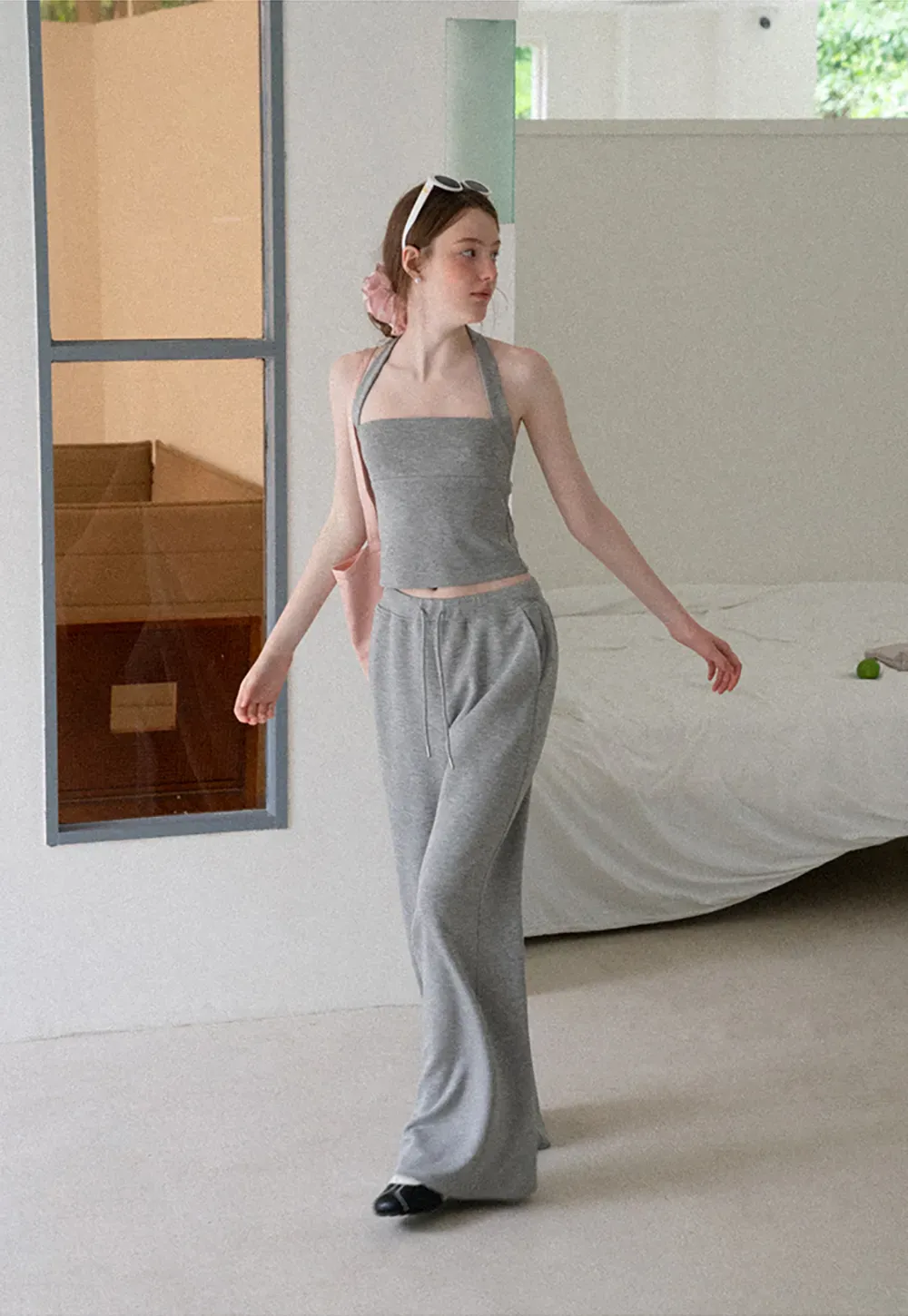 Cropped Halter Neck Tank Top and Drawstring Wide Leg Pants