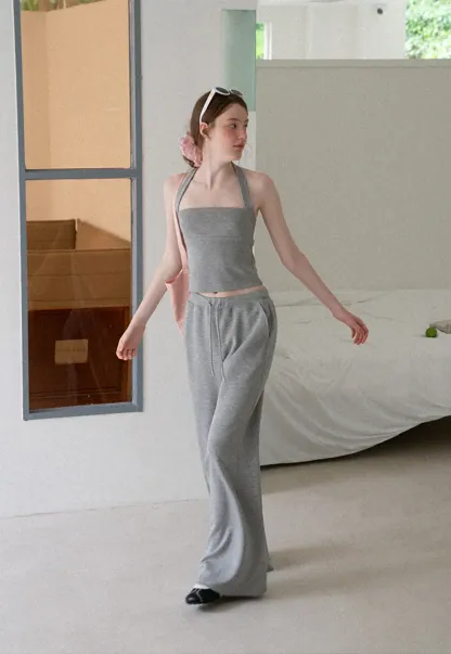 Cropped Halter Neck Tank Top and Drawstring Wide Leg Pants