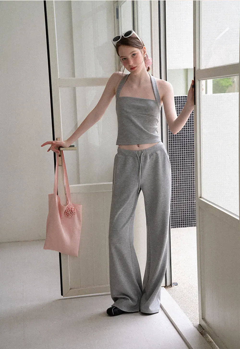 Cropped Halter Neck Tank Top and Drawstring Wide Leg Pants