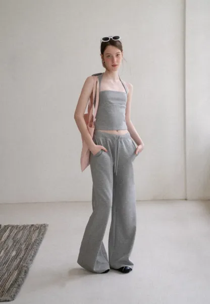 Cropped Halter Neck Tank Top and Drawstring Wide Leg Pants