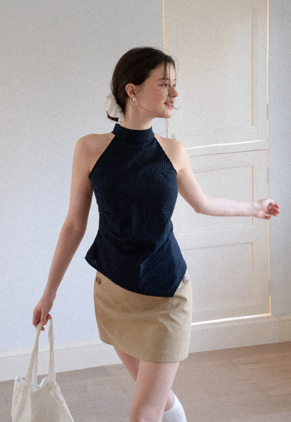High Neck Asymmetrical Hem Ribbed Knit Tank Top