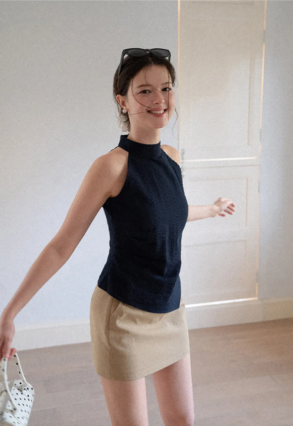 High Neck Asymmetrical Hem Ribbed Knit Tank Top
