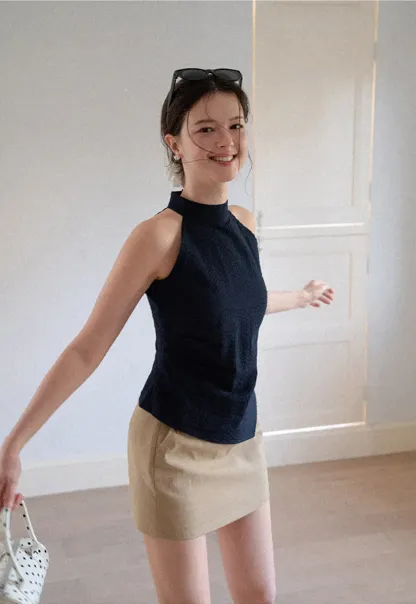 High Neck Asymmetrical Hem Ribbed Knit Tank Top