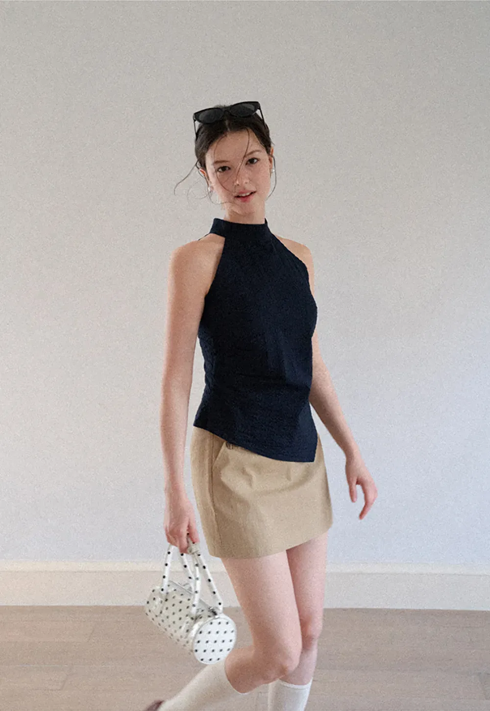 High Neck Asymmetrical Hem Ribbed Knit Tank Top