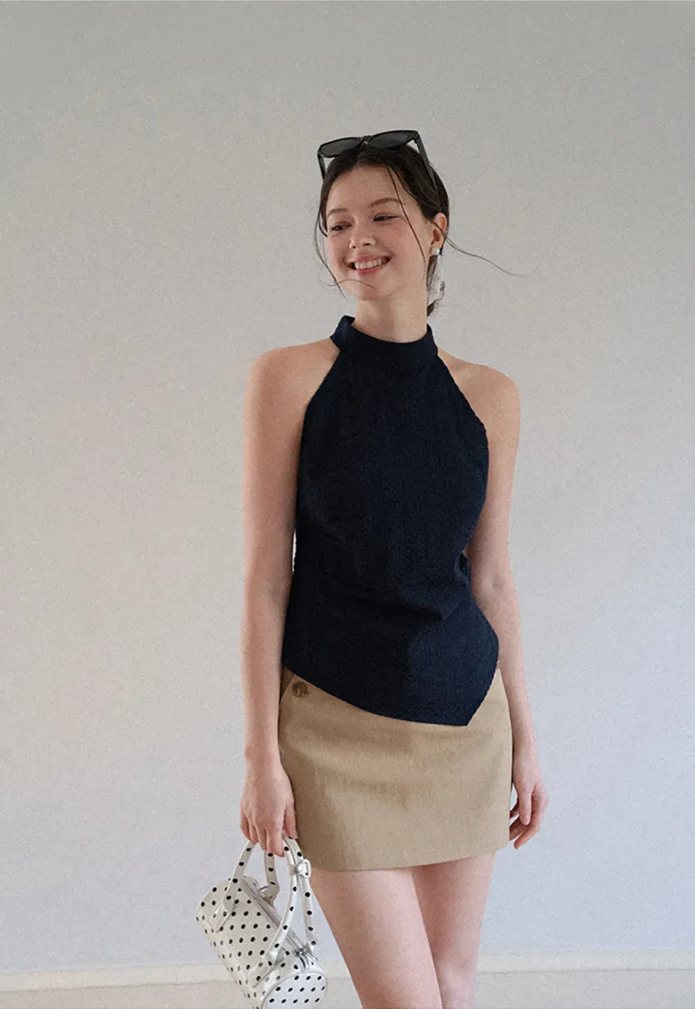 High Neck Asymmetrical Hem Ribbed Knit Tank Top