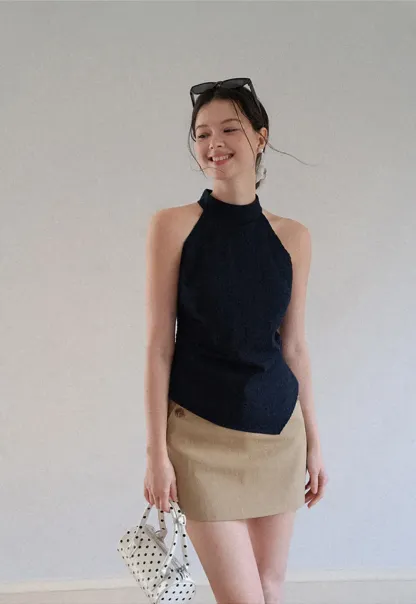 High Neck Asymmetrical Hem Ribbed Knit Tank Top