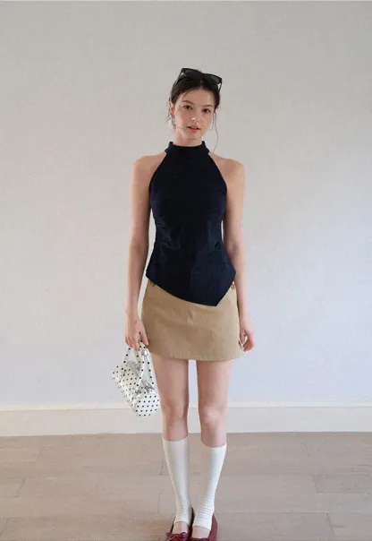 High Neck Asymmetrical Hem Ribbed Knit Tank Top