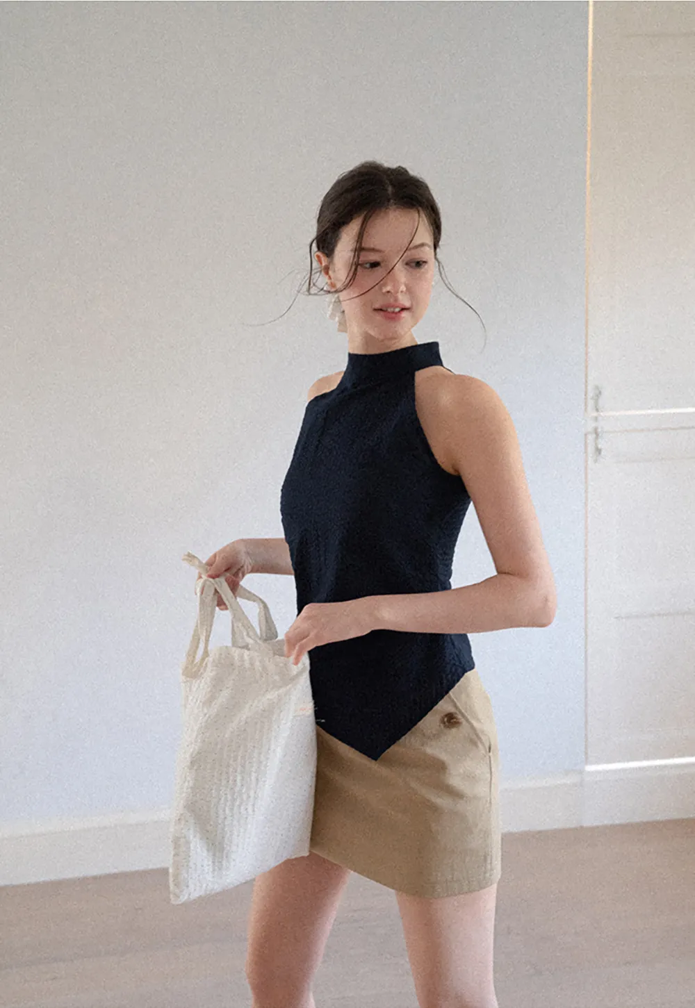 High Neck Asymmetrical Hem Ribbed Knit Tank Top