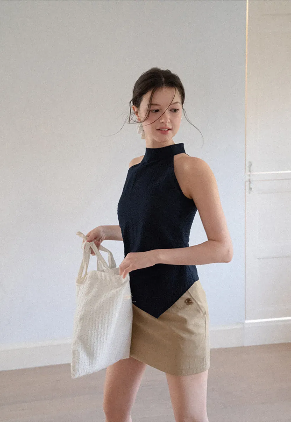 High Neck Asymmetrical Hem Ribbed Knit Tank Top