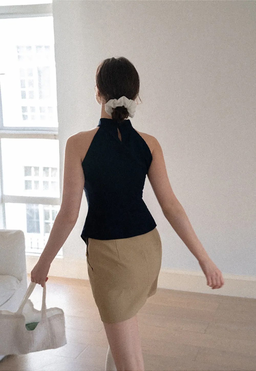 High Neck Asymmetrical Hem Ribbed Knit Tank Top