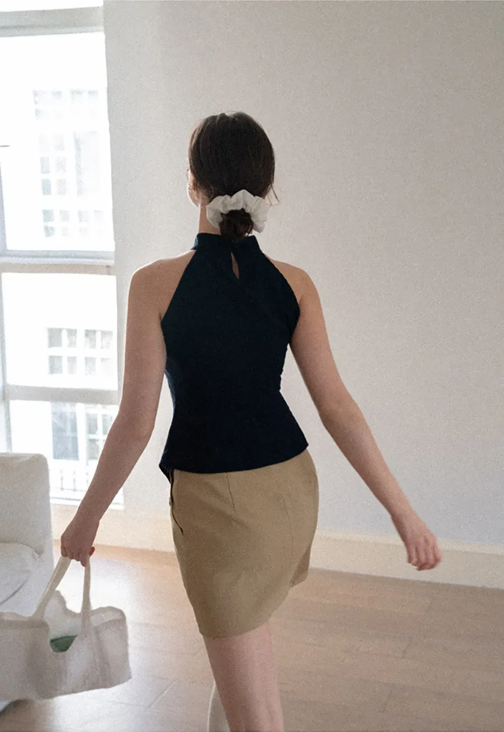 High Neck Asymmetrical Hem Ribbed Knit Tank Top