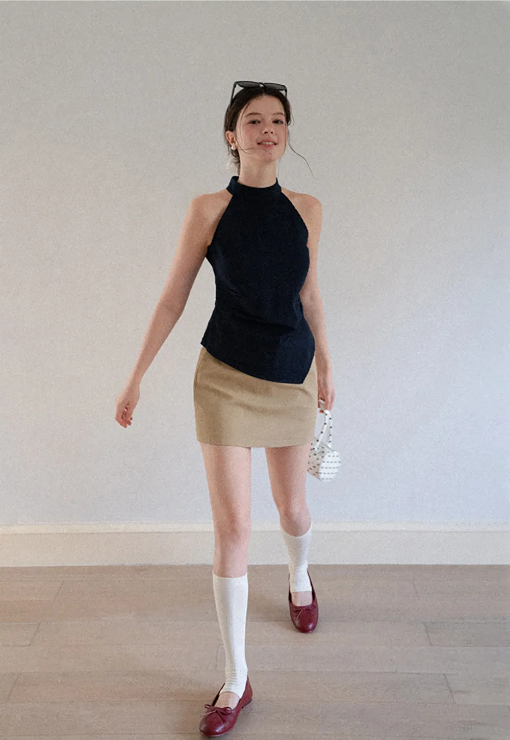 High Neck Asymmetrical Hem Ribbed Knit Tank Top