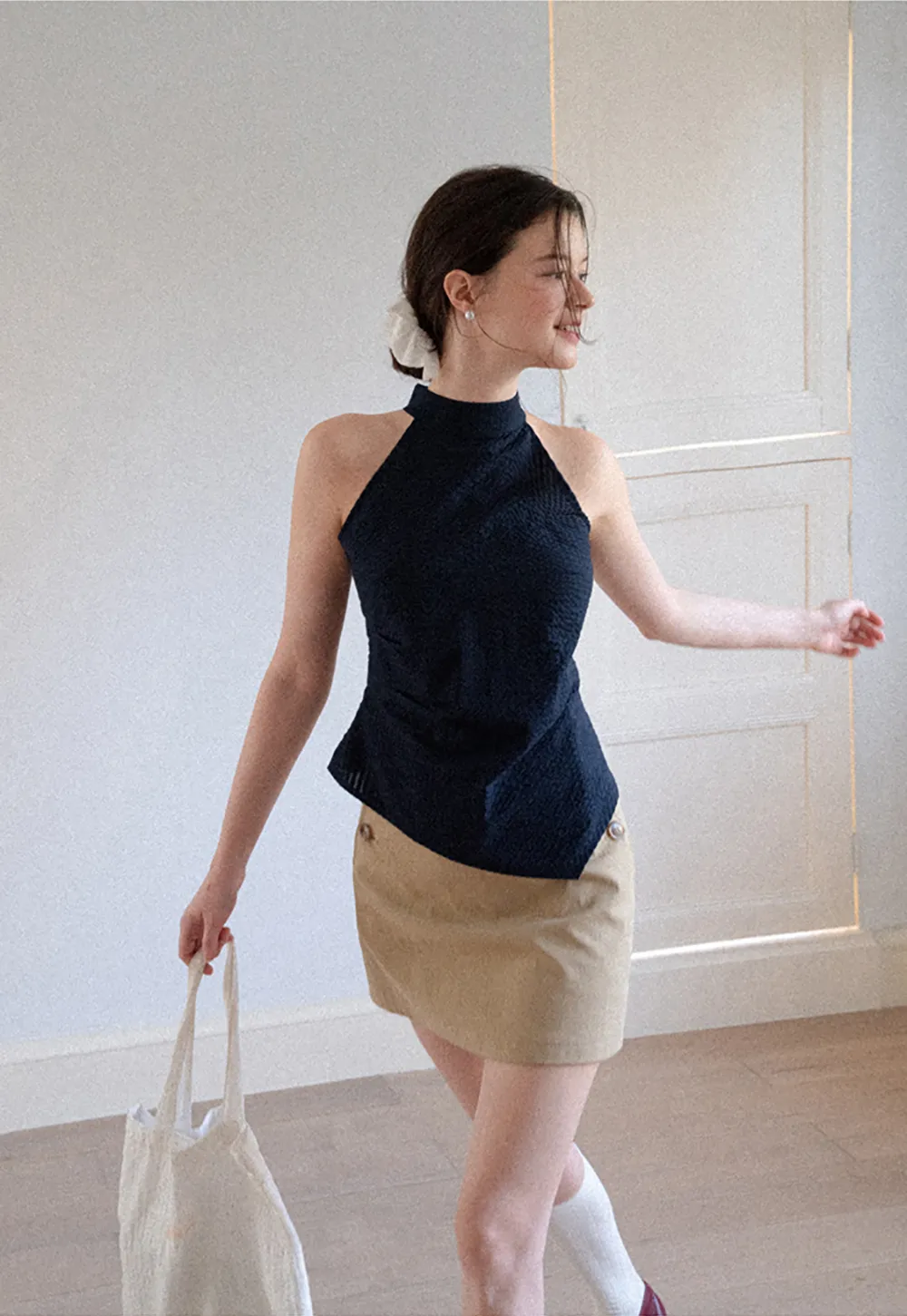 High Neck Asymmetrical Hem Ribbed Knit Tank Top