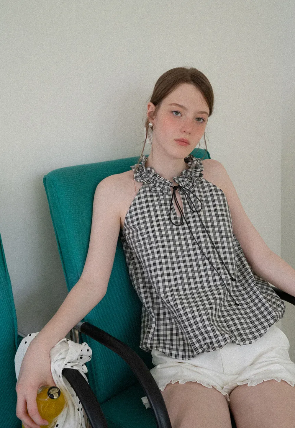 Ruffled Halter Neck Gingham Print Tank Top