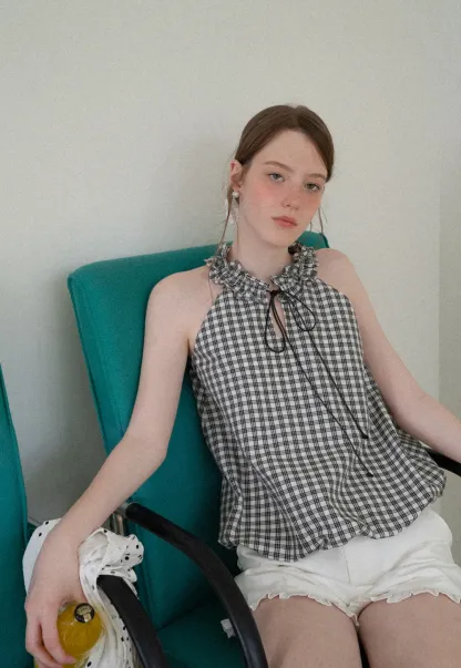 Ruffled Halter Neck Gingham Print Tank Top