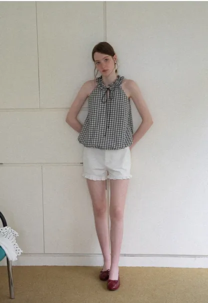 Ruffled Halter Neck Gingham Print Tank Top