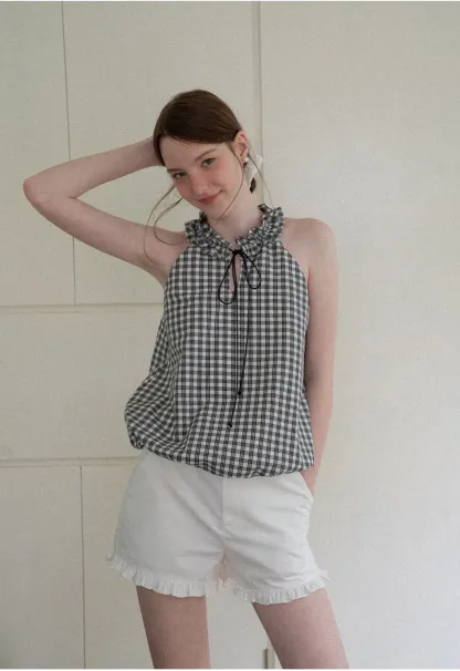Ruffled Halter Neck Gingham Print Tank Top