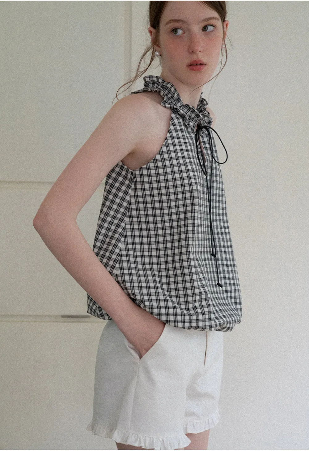 Ruffled Halter Neck Gingham Print Tank Top