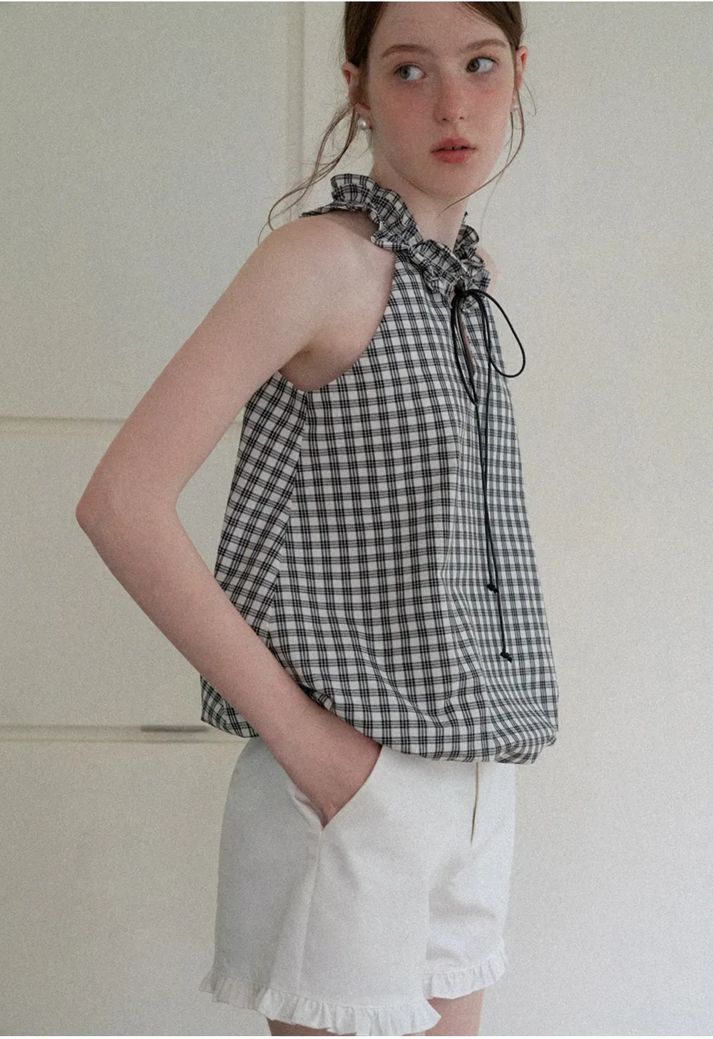 Ruffled Halter Neck Gingham Print Tank Top