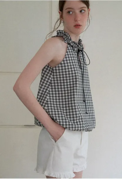 Ruffled Halter Neck Gingham Print Tank Top