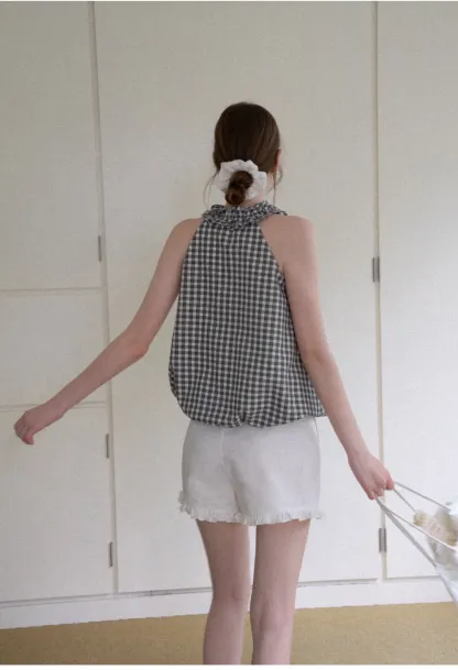 Ruffled Halter Neck Gingham Print Tank Top