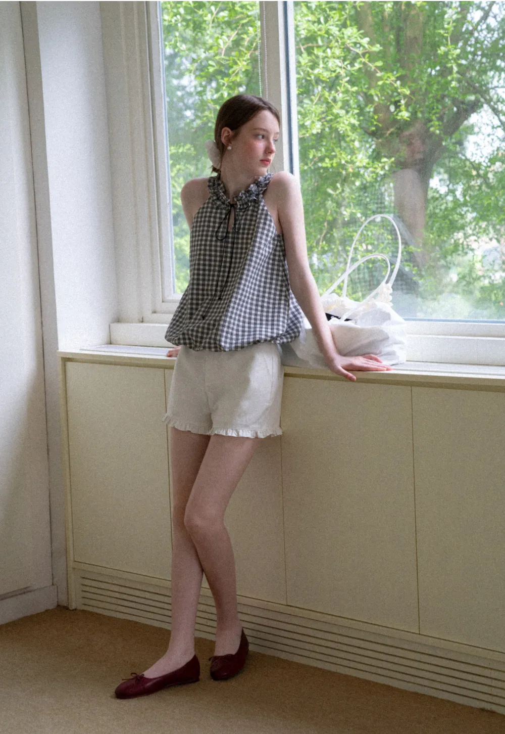 Ruffled Halter Neck Gingham Print Tank Top