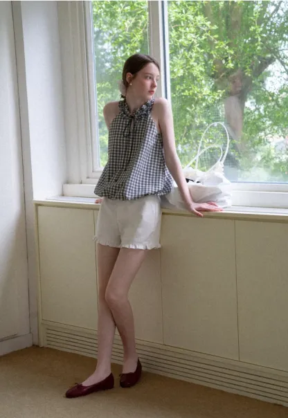 Ruffled Halter Neck Gingham Print Tank Top