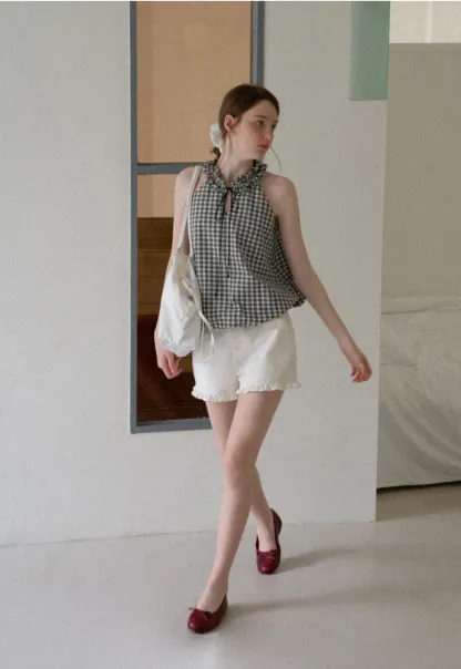 Ruffled Halter Neck Gingham Print Tank Top