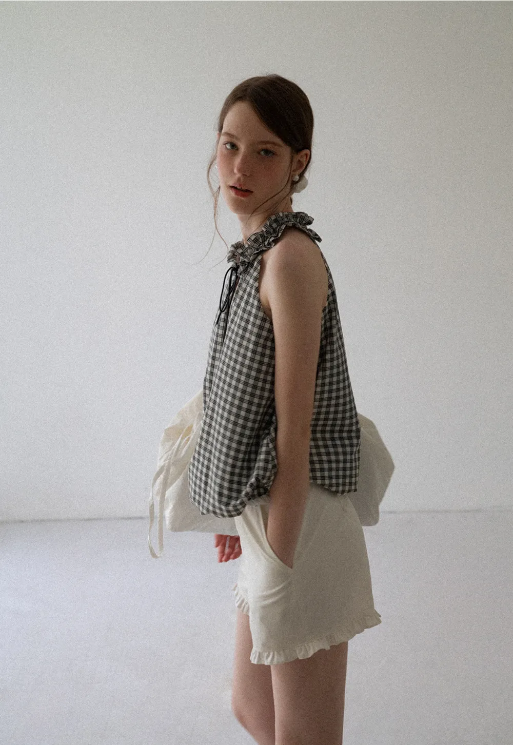 Ruffled Halter Neck Gingham Print Tank Top