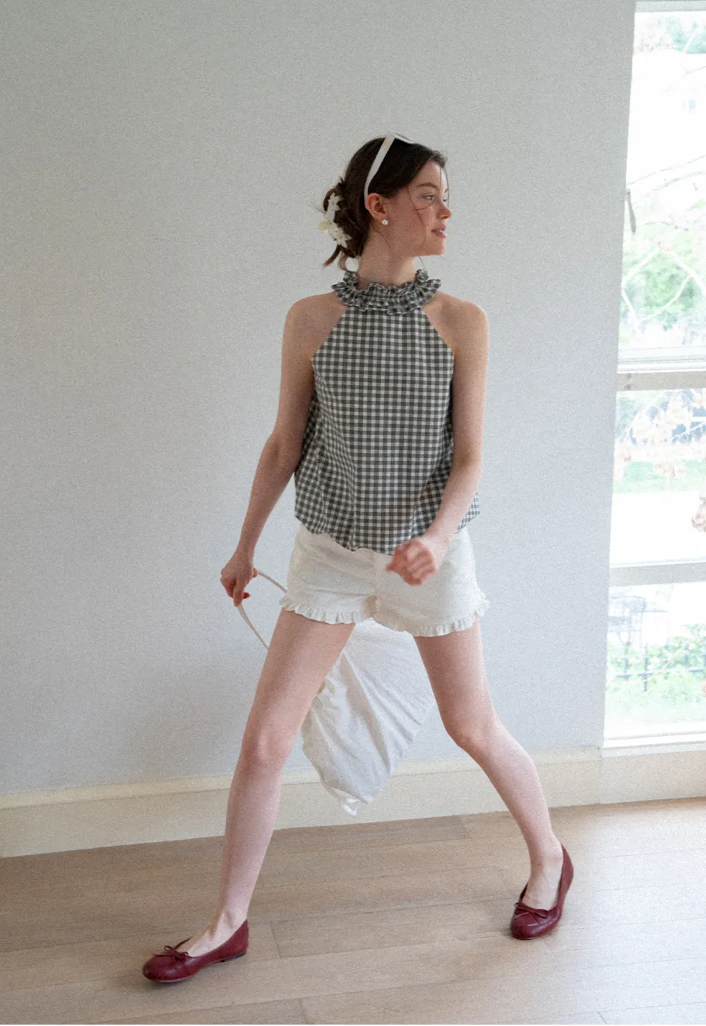 Ruffled Halter Neck Gingham Print Tank Top