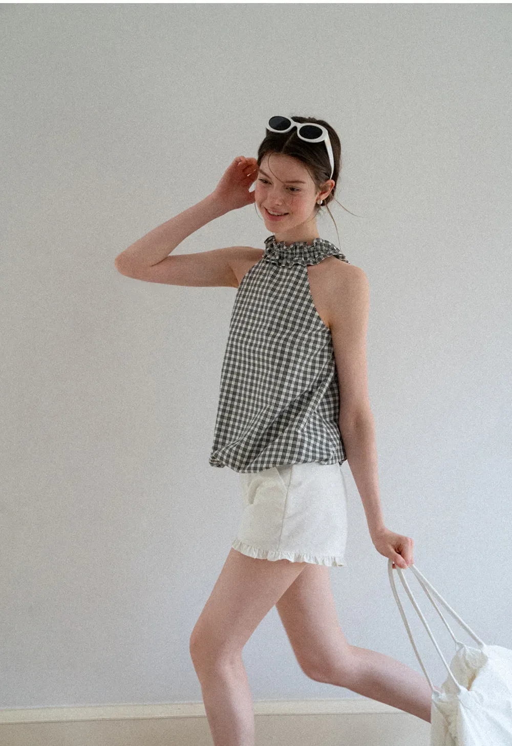 Ruffled Halter Neck Gingham Print Tank Top
