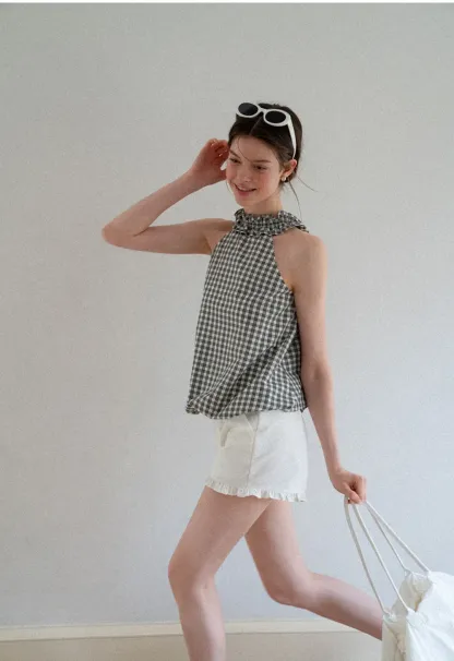 Ruffled Halter Neck Gingham Print Tank Top