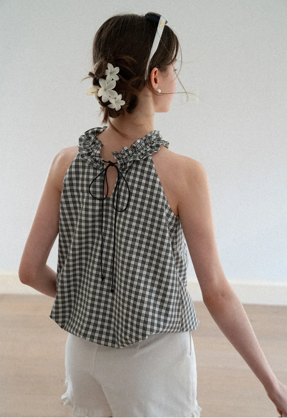 Ruffled Halter Neck Gingham Print Tank Top