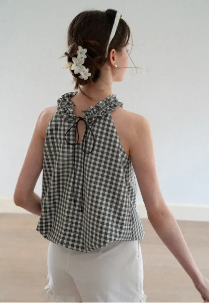 Ruffled Halter Neck Gingham Print Tank Top
