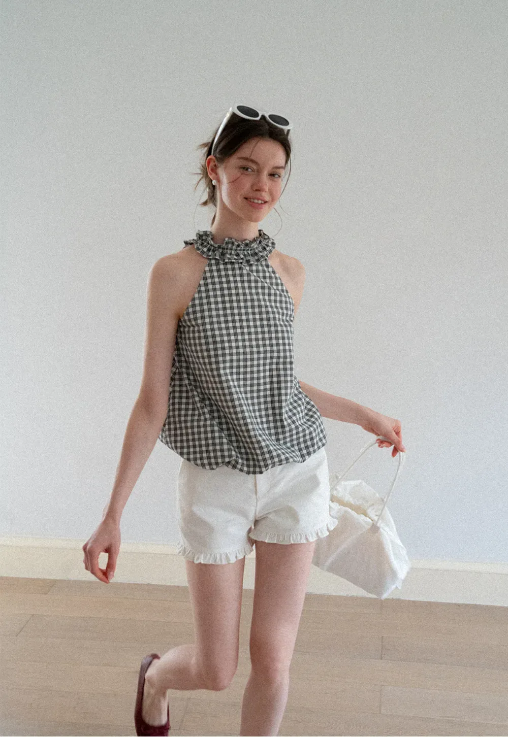 Ruffled Halter Neck Gingham Print Tank Top