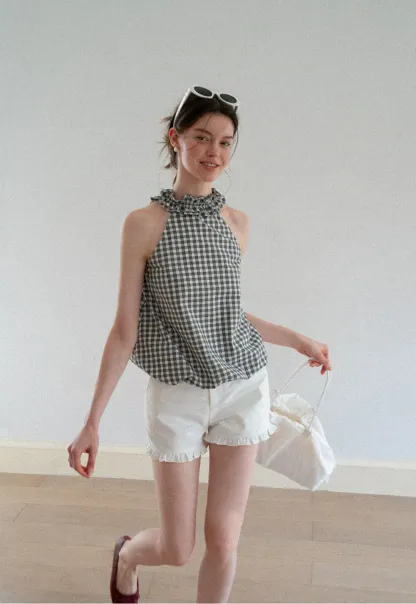 Ruffled Halter Neck Gingham Print Tank Top