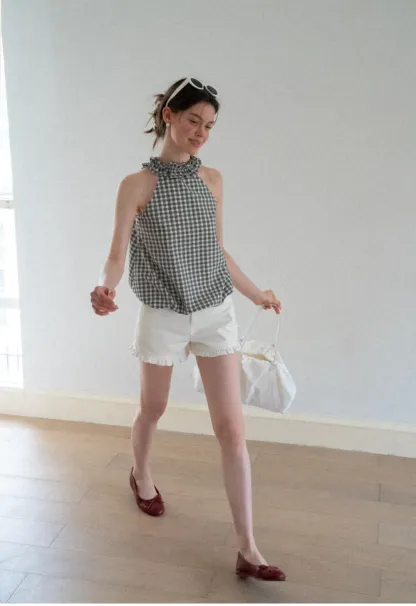 Ruffled Halter Neck Gingham Print Tank Top