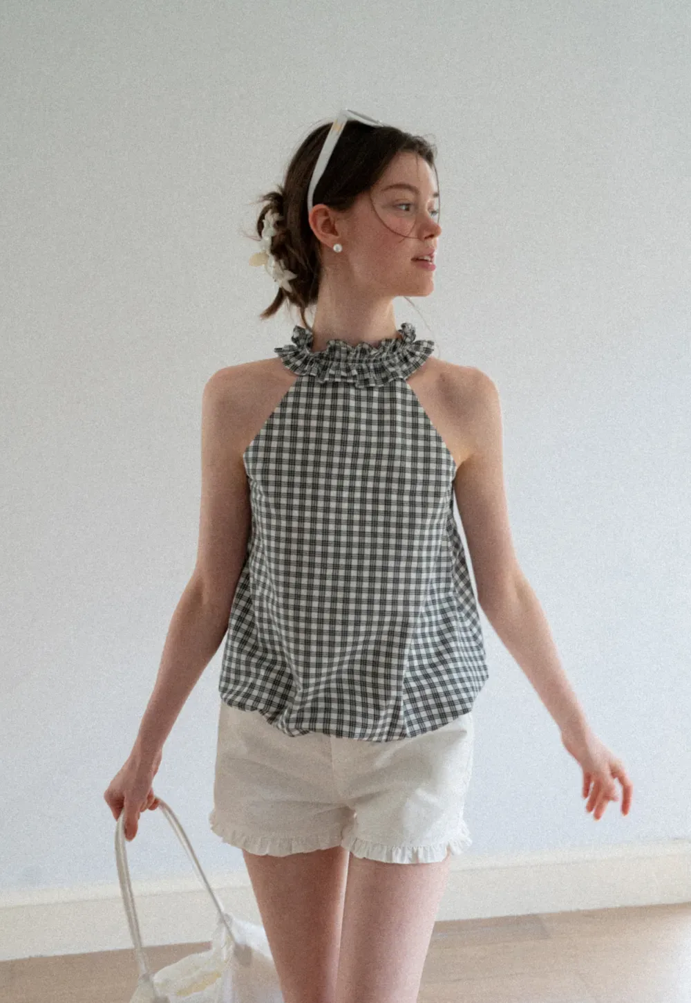 Ruffled Halter Neck Gingham Print Tank Top