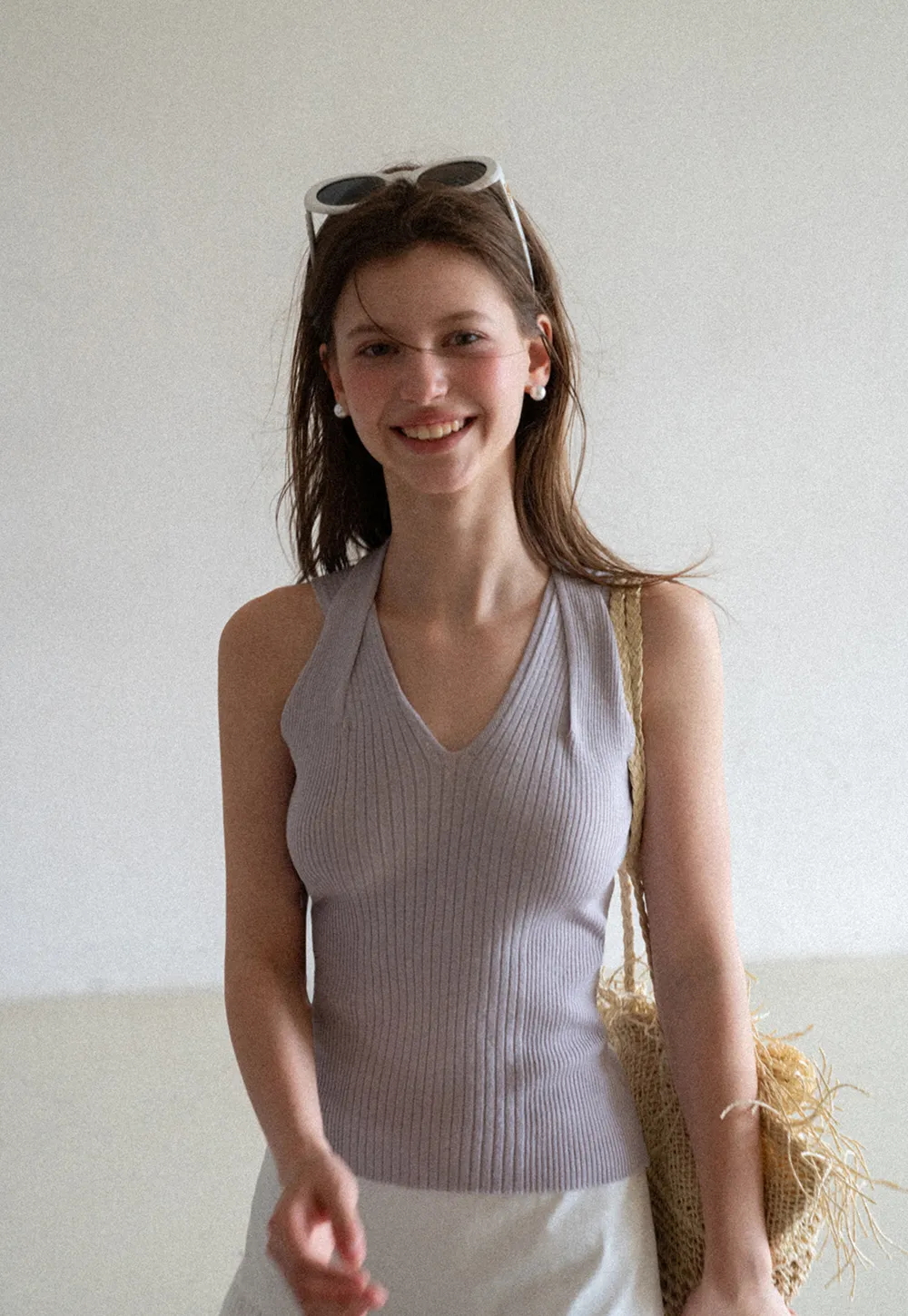 Ribbed Knit Halter Neck Tank Top