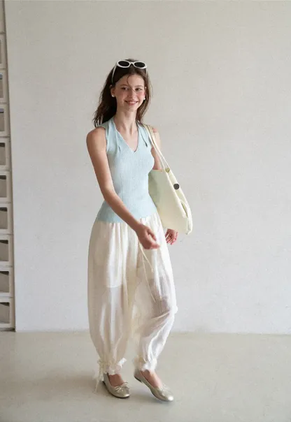 Ribbed Knit Halter Neck Tank Top