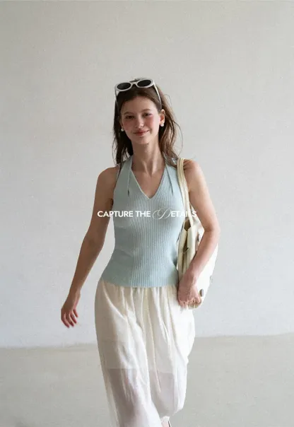 Ribbed Knit Halter Neck Tank Top