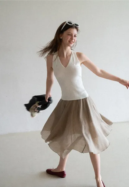 Ribbed Knit Halter Neck Tank Top
