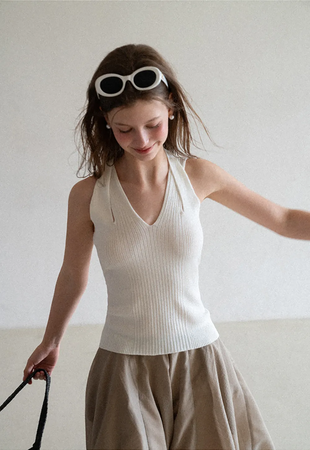 Ribbed Knit Halter Neck Tank Top