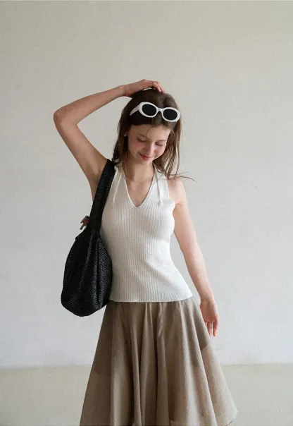 Ribbed Knit Halter Neck Tank Top
