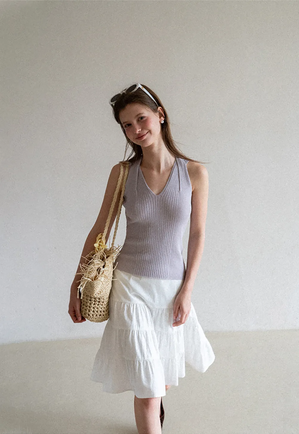 Ribbed Knit Halter Neck Tank Top