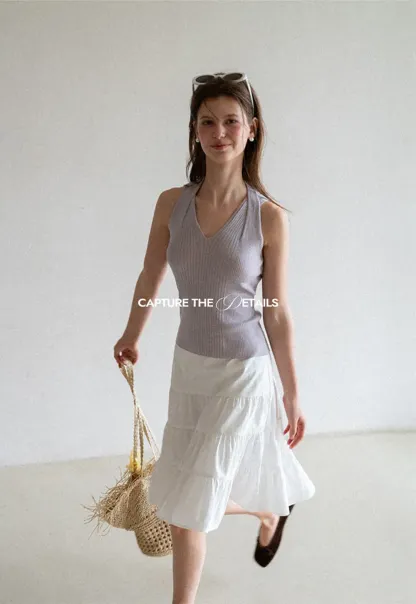 Ribbed Knit Halter Neck Tank Top